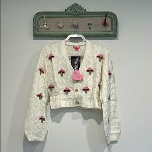 Dolls Kill Cream Cardigan with Pink and Green Mushroom Embroidery small new